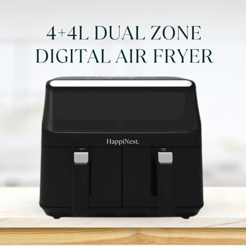 HappiNest 8L Smart Double Air Fryer – Low Wattage, Dual Basket Air Fryer with Touch Screen & Manual Control, Non-Toxic, Black Stainless Steel Portable Multi Cooker for Healthy Cooking - Image 4