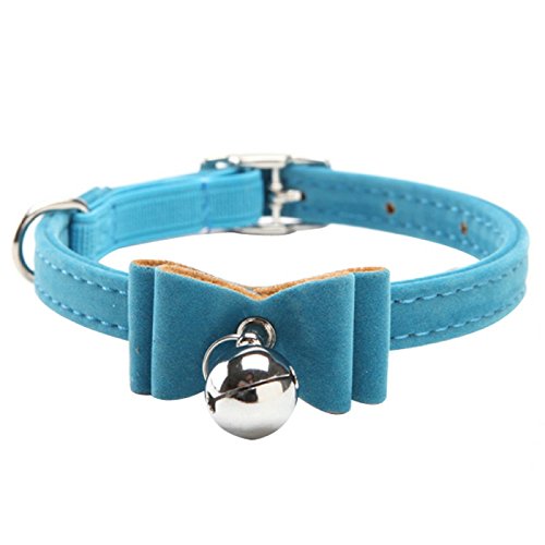 AKOAK Pet Dog Bowknot Lead Adjustable PU Leather Cat Kitten Collars with Bell Necklace Pup Dog Collars Bow Tie（Blue）