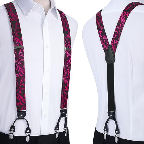 Image of HISDERN Suspenders for Men Paisley Floral Bow tie Suspender Pocket Square Sets Adjustable Y Shape 6 Clips Wedding Braces