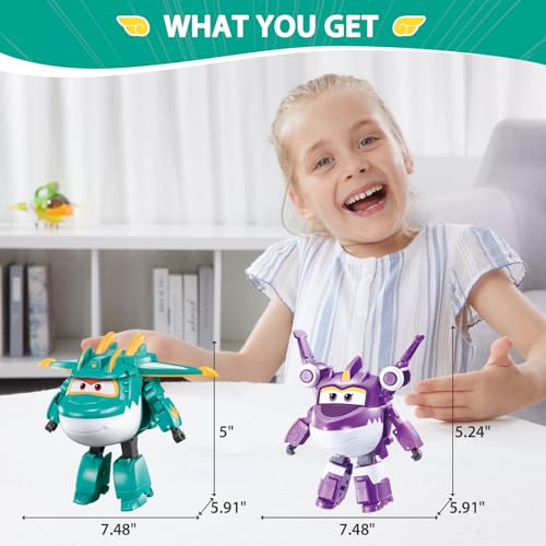 Super Wings Transformable Toys, 5 in Sally and Tino Dinosaur Airplane Transfomming Figures Toys Set, 2 in 1 Mode Rescue Bots Toy for 3-5 Year Old Boys Girls, Plane Toy for Toddlers Kids Age 3 4 5 6