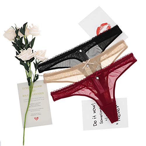Varsbaby Women's Sexy Sheer Panties Thongs Mesh G-Strings Low Rise Brief Underwear, 3-Pack (N082Ts-Black And Beige And Red-M) #TOP4