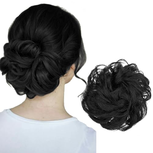 YUESUO 1PCS Messy Bun Hair Pieces Wavy Curly Scrunchies Synthetic Chignon Hair Extensions Updo Hairpieces for Women Girls (Black)