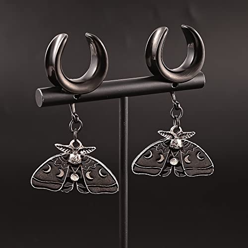 Atomhole 2 PCS Ear Gauges Saddle Black Butterfly Dangle Ear Tunnels Hypoallergenic 316 Stainless Steel Ear Hangers Plugs Piercing Body Jewelry (6mm(2G), Black)