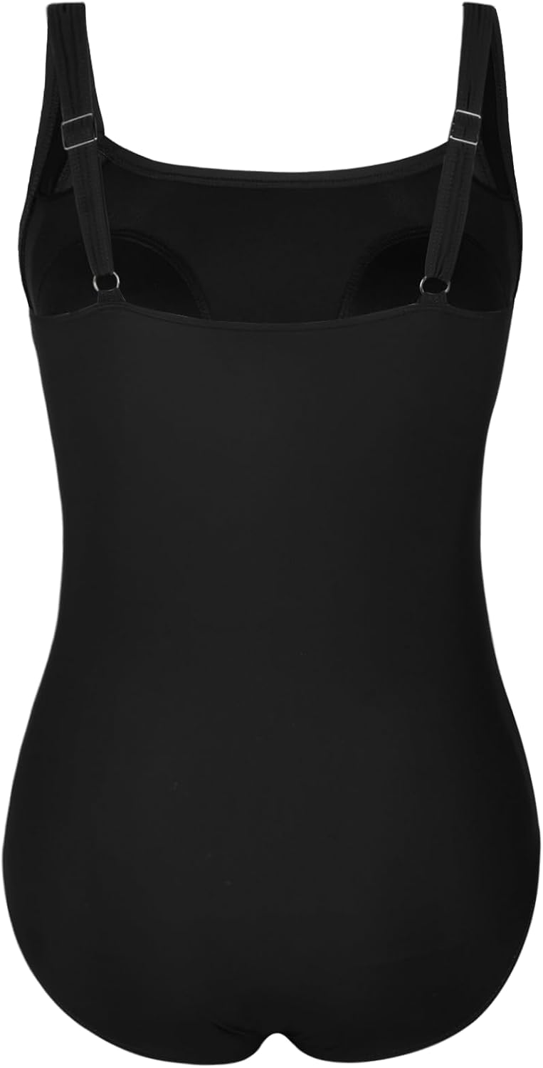 Hilor Women’s Modest One Piece Swimsuit Tummy Control Ruched Tank Bathing Suit Square Neck Full Coverage Slimming Swimwear
