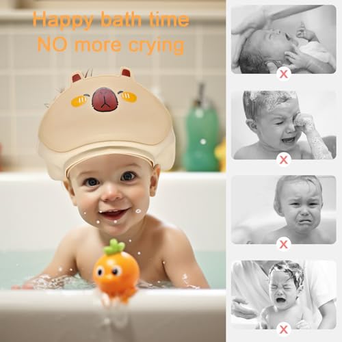 Image of Baby Shower Cap - Waterproof Bath Visor for Toddlers 1-3 Years, Extra Soft Silicone Hair Washing Hat for Kids, Keep Water Out of Eyes (Khaki)