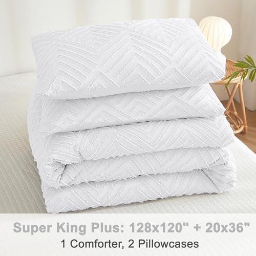 Image of Litanika Super King Plus Comforter White, 3 Pieces Tufted Boho Farmhouse Bedding Comforter Set, Lightweight Fluffy All Season Comforter Set (120x128In Comforter & 2 Pillowcases)