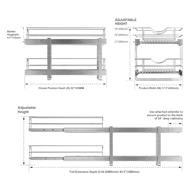 2 Tier Pull Out Cabinet Organizer,(17?W x 22 D) Soft Close Slide Out Drawer For Kitchen Base Cabinet, Individual Pull Out Shelf, Roll Out Pantry Organization, 22 Inch Deep