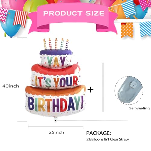 Image of 2PCS Happy Birthday Cake Foil Balloons, 40 inch Large Three-Layer Mylar Birthday Balloons, Yay Balloon for Girls Boys Kids Baby Shower Party Decorations, Multicolored