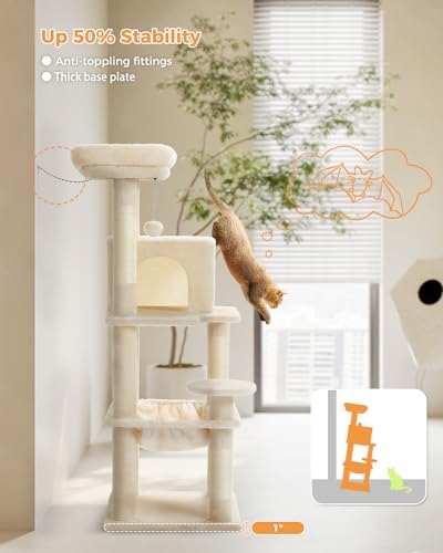 Image of MUTTROS Cat Tree for Indoor Cats, 45.7 inch Multi-Level Cat Tower with Large Metal Frame Hammock, Cat Condo with 4 Scratching Posts and Top Perch for Small Medium Cat, Beige
