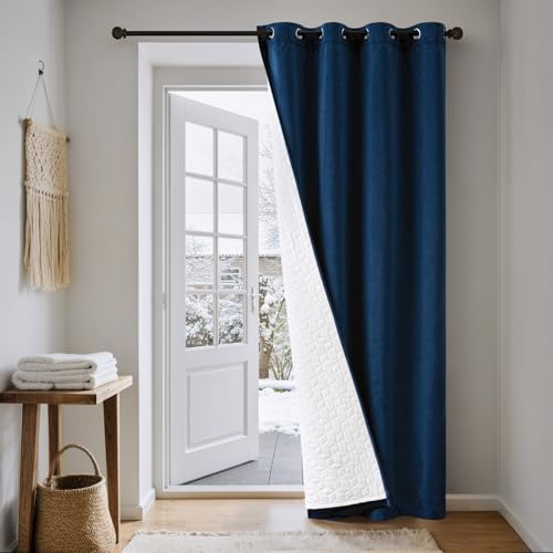 Bleu Rideaux Velours Double Epais avec Doublure Matelassée à Oeillets, Rideau Thermique Isolant Anti Froid et Chaleur pour Porte D'entrée Fenetre, Rideau Occultant...