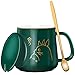 Tasse à Café, Tasse Couple 14 oz Avec Couvercle (400 ml) Thé Cadeau en Céramique Résistant à la Chaleur Thé Glacé au Lait Frappé au Lait Expresso, 1 Pièce (Ronde) + Cuillère (Vert)