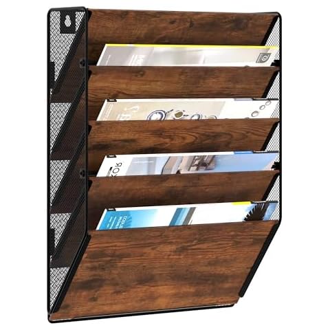 Senhoglb File Folder Organizer, 5-Tier Mesh Hanging File Organizer Wire Magazine Rack Wall Mount File Holder With Pockets Wood Document Organizer Mail Organizer Wall Mounted for Office Home, Brown Cover