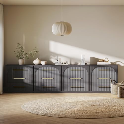 Image of BELLEZE Set of 4 Fluted Modular Sideboard Cabinet, Classic Modern Buffet Cabinet with 3 Drawers, 130'' Accent Credenza Cabinet for Living Room Kitchen Entryway (Ebony)