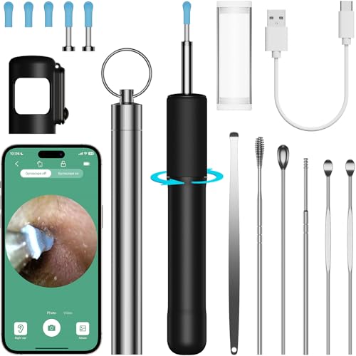 Wolmds Otoscopio con Camara, Otoscopio Médico Profesional WiFi Cámara con 6 Luces LED Limpiador de Oídos, Cerumen y Endoscopio Compatible iOS/Android, Limpiador Oídos para Orejas/Nariz/Garganta, Negro