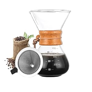 Bestcool Pour Coffee Maker, 400ml handmatige koffie Dripper Brewer met roestvrij staal Filter borosilicaat glas karaf met echte houten mouw – geen papieren filters nodig