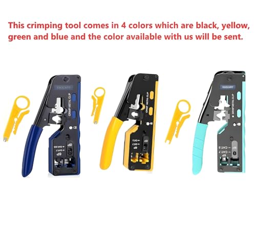 Image of XIKKART RJ45 Crimping Tool Kit, Passthrough Cat7 Cat6A Cat6 Cat5E Cat5 RJ45 Ethernet Crimp Tool with 10PCS Cat7 Pass Through Connectors 10PCS Cat6 Pass Through Connectors 10PCS Covers 1 Network Tester