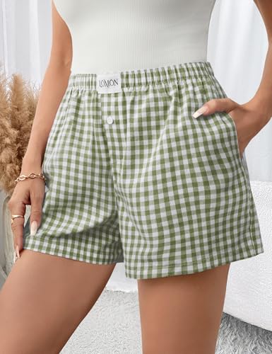 Image of LOMON Boxer Shorts for Women Summer Gingham Pajamas 2026 Lounge Sleep Pj Plaid Shorts Y2K Beach Bottoms with Pockets