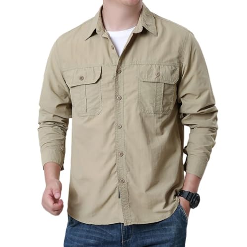 Chemise cargo homme infroissable en coton respirant à manches longues avec poches