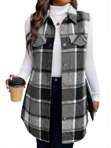 Mina Self Fall Flannel Vest Jackets for Women 2025 Plaid Long Black Tops Fashion Trendy Lightweight Sleeveless Womens Waistcoat Business Casual Winter Women's Vests Blazer Jacket Coat Top Outerwear