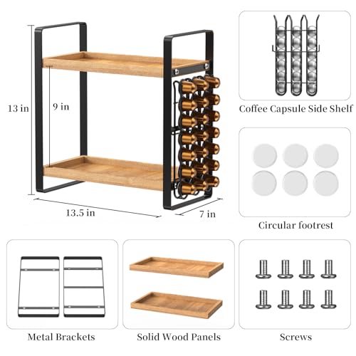 LEMIKKLE Coffee Station Organizer, Large Capacity Coffee Pod Holder Coffee Bar Accessories and Cup Storage Organizer, Set of 2 tie Wood Counter Shelves for Kitchen, Office, Countertop(Brown)