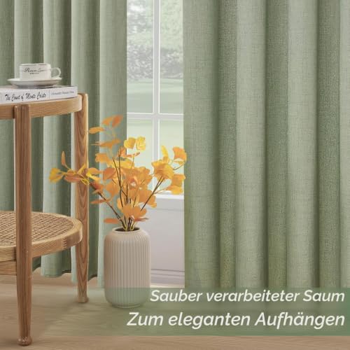 MRTREES Gardinen mit Kräuselband Salbeigrün Leinenoptik Kurz Fenster Wohnzimmer, Vorhang Leinen Halbtransparent 2er Set 175 cm Lang 140 cm… – Ansicht 6