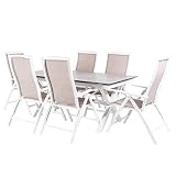 Conjunto de mesas y sillas reclinables para jardín, Mesa Extensible 180 a 240 cm, Aluminio y HPL, Color Blanco