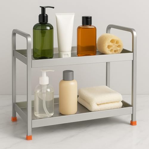 Image of Stainless Steel Kitchen Storage Rack for Pantry, Spice Rack, Jars & Utensils, Heavy Duty Organizer for Kitchen and Bathroom (2TIER Plane Surface Large)(Size 47 * 29 * 21)