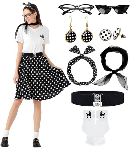 50er 60er Jahre Outfit Damen mit 10Pcs Rockabilly Accessoires 1950s Polka Dot Cocktailkleid Mottoparty Sommer Kleider Vintage Pudel T-Shirt Rock Set