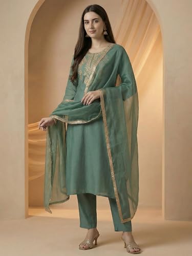 Image of INDO ERA Women's Silk Embroidered Straight Kurta With Pant & Dupatta Set
