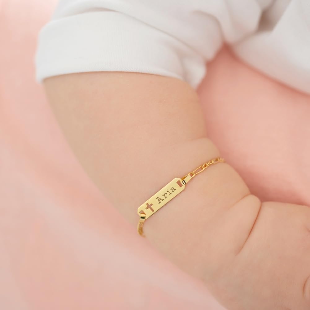 14k Yellow Gold Cross Cut Out Engravable Identification Bracelet For Girls and Boys - Children's Baptism Jewelry Present - Personalized ID Bracelet For Kids