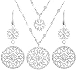 TaYolnFaSo Juego de joyas chapadas en oro real de 14 quilates y 18 quilates con flores huecas, collar y aretes de perlas pequeñas, regalo de Navidad para mujer, Oro blanco de 14 k, Circonita cúbica