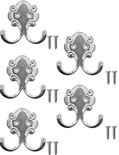 Fuxxer Antike Doppel-Haken 5er Set, Garderoben-Haken, 54 x 52 mm, Chrome Design, Silber