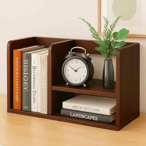 OUTKA Engineered Wood Desktop Bookshelf Organizer for Home & Office Table Tabletop Book Rack with Storage Compartments | Multipurpose Desk Organizer for Books, Décor & Accessories (Brown)