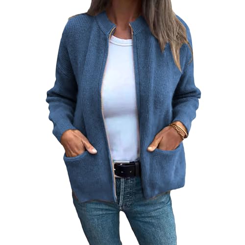 Damen Strickjacke mit Reißverschluss, Stehkragen, leicht, lässig, Durchgehender Reißverschluss, Sweatshirts mit Taschen, lässiger