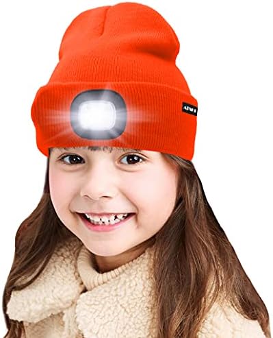 ATNKE Kids LED Lighted Beanie Cap, USB Rechargeable 4 LED Headlamp Waterproof Winter Warmer Knit Night Hats with Light for Boys Girls