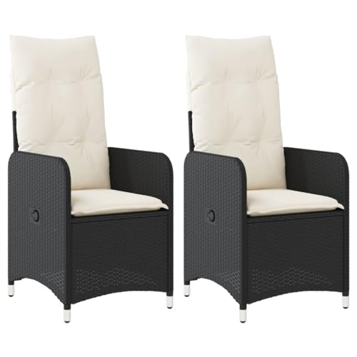 vidaXL Gartensessel mit Kissen 2 STK., Verstellbar Gartenstuhl mit Stahlrahmen, Loungesessel für Außenbereich, Relaxsessel Sthulset, Schwarz Poly Rattan