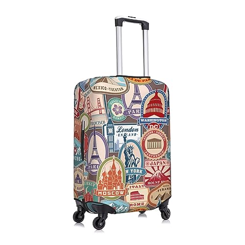 Spandex Travel Luggage Cover,Double-Sided Printed Vintage Travel Stamps Pattern Elastic Washable Stretch Suitcase Protector Anti-Scratch Suitcase Cover Fits 18-32 Inch Luggage For Kid And Adult,M (For 22-24 Inch Luggage)3