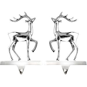 Klikel stocking holder set of 2 christmas reindeer stocking hanger for mantel shiny silver metal deer christmas stocking holder for fireplace mantle heavy stocking holder for mantle with hook  urban country home decor
