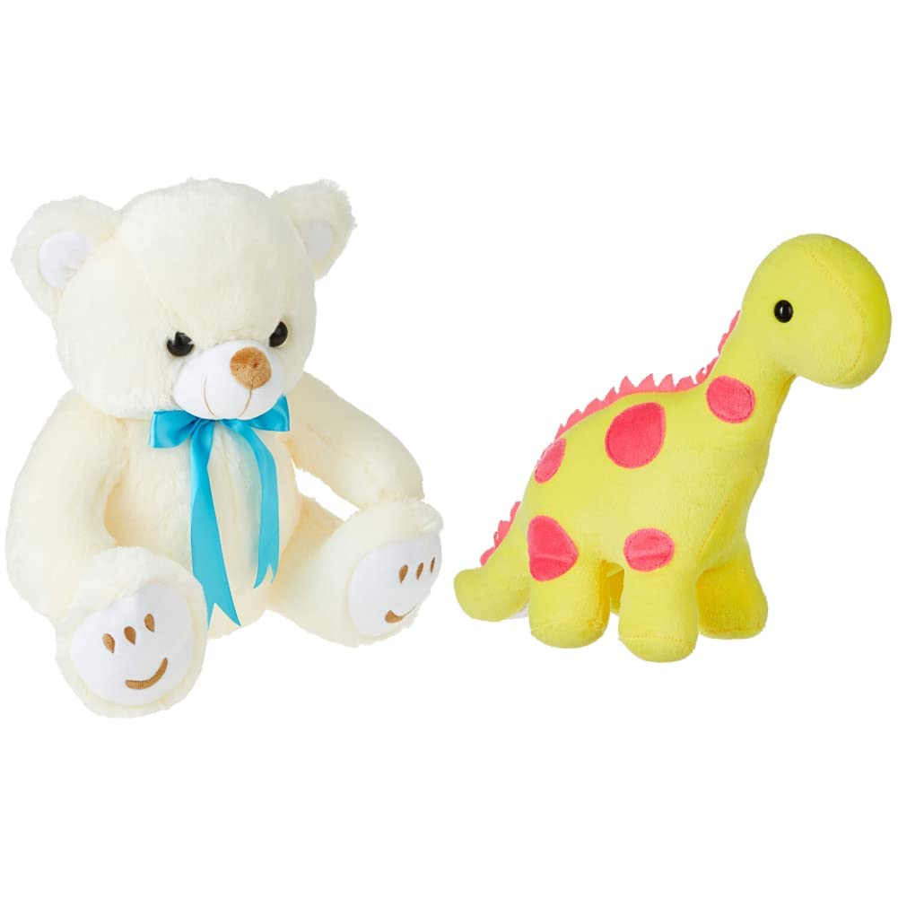 Amazon Brand - Jam & Honey Teddy Bear Soft Toy (33 cm, White, Cream) Jam, Honey Dino Figure (22 cm, Yellow)