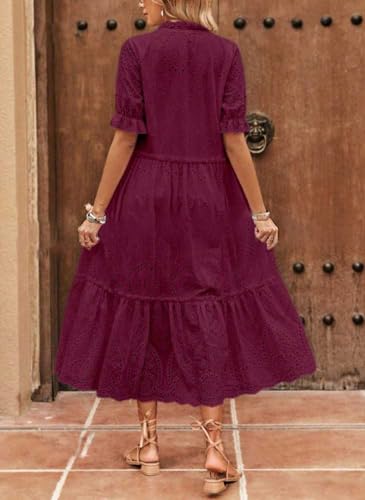 chouyatou Women's Summer Boho Embroidery Eyelet Dress V-Neck Collared Tiered Midi Tunic Dress2