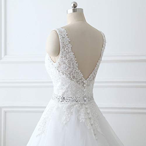Lace Wedding Dresses for Bride Deep V Neck Beaded Tulle Bridal Ball Gowns for Women with Train Brides Dress White 8