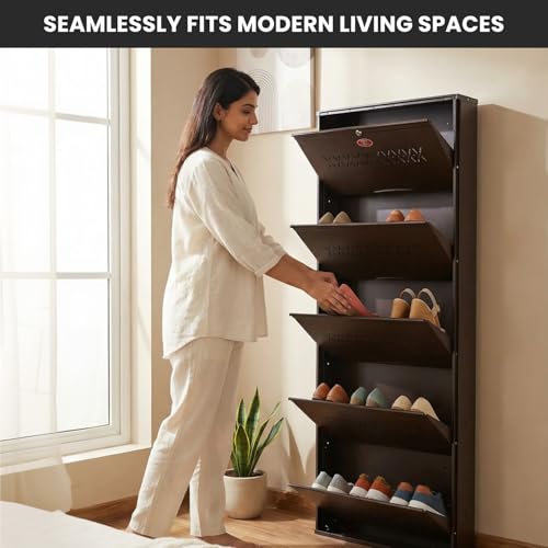Image of Skywave Luxury Wall Mounted Metal Shoe Rack for Home - 5 Shelf, Holds Up to 25 Pairs|Central Locking Shoe Cabinet|Space Saving|Heavy Duty Steel|3 Year Warranty (Coffee Brown, 21 Inches) 1DAY DELIVERY
