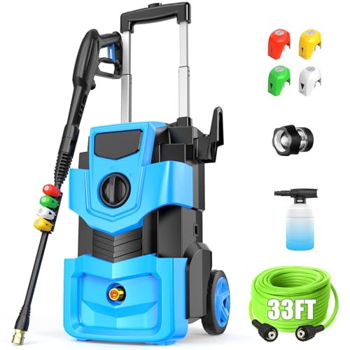 Imdot Adjustable Electric Pressure Washer with 33FT Flexible Extension Hose + 34FT Power Cord, 4 Nozzles, Foam Cannon, Best Power Washer for Cars, Patios, Driveways, Blue