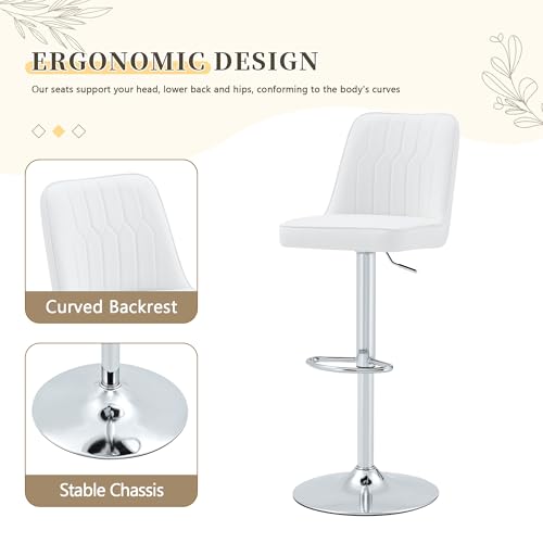Image of Swivel Bar Stools Set of 2 - White Barstools with Back,Adjustable Counter Height Bar Stools with Sturdy Metal Legs,Leather Counter Height Stools Ideal for Kitchen Island Pub(25''-33''H)