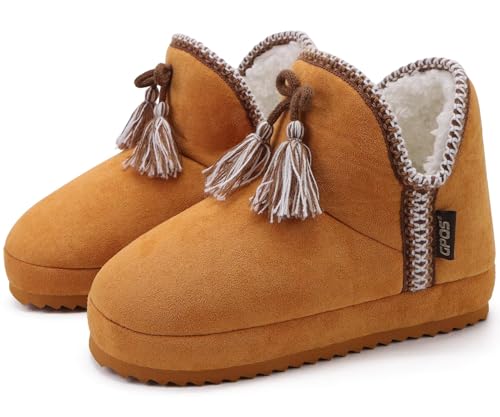 GPOS Womens House Knit Bootie Slippers Fuzzy Plush Lining Winter Ladies Warm Suede Fluff Slippers Lightweight Cozy Thick Memory Foam Comfortable Home Shoes Hard Bottom for Indoor Outdoor Size 5-11