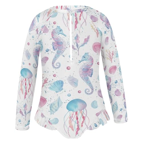 Wusikd Girls Long Sleeve Swimsuit Jellyfish Sea-Horse One Piece Bathing Suit Zipper Watercolor Swimwear Sun Protection 5-6T2