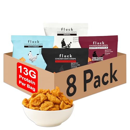 Flock Keto Chicken Skin Chips 4 Flavors Variety Pack Low Carb High Protein Gluten-Free Chicken Crisps Keto Snack Low Carb Chips Protein Crackers Diet Snacks 8-Pack (1oz)