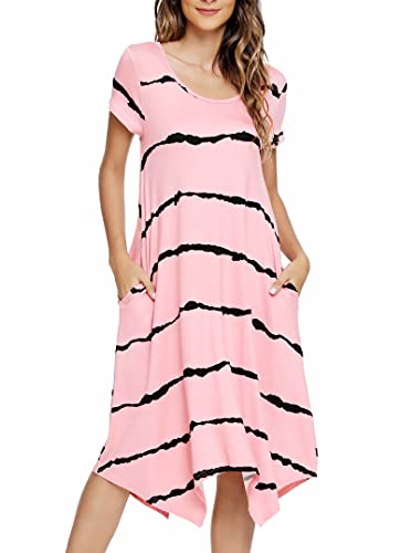 Invug Women Casual Loose Soft Crewneck Short Sleeve Pockets Swing T-Shirt Zigzag Hem Dress Pink Wave Stripe 3XL