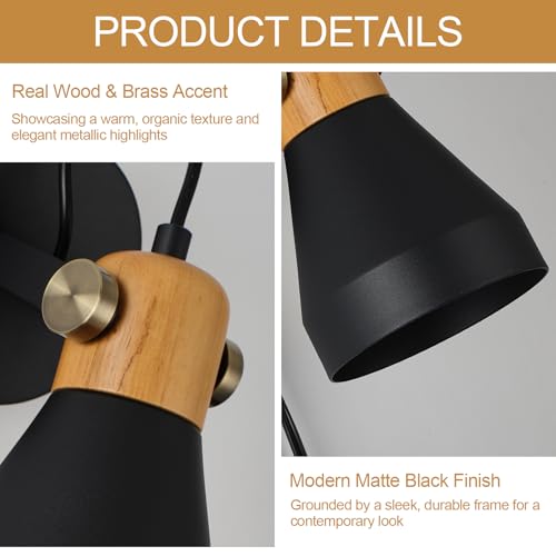 Image of Modern Plug-in Wall Sconces, Matte Black | Adjustable Reading Light, Real Wood Accent, For Bedroom, Living Room, Apartment, Home Office
