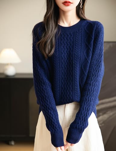 Women's Crew Neck 100% Merino Wool Sweater 2025 Fall Winter Classic Cable Warm Soft Long Sleeve Knitted Sweater3